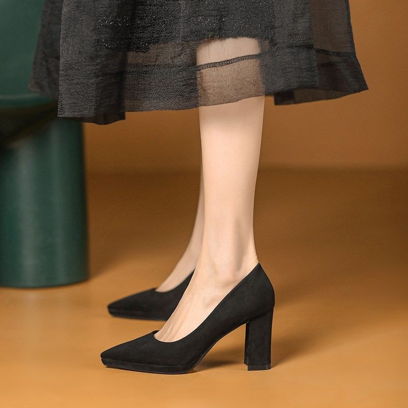 黑色绒面高跟鞋女粗跟法式浅口尖头防水台不累脚18岁成人礼小单鞋,女鞋,浅口单鞋,淘宝优惠券,粉丝福利购,淘宝优惠卷