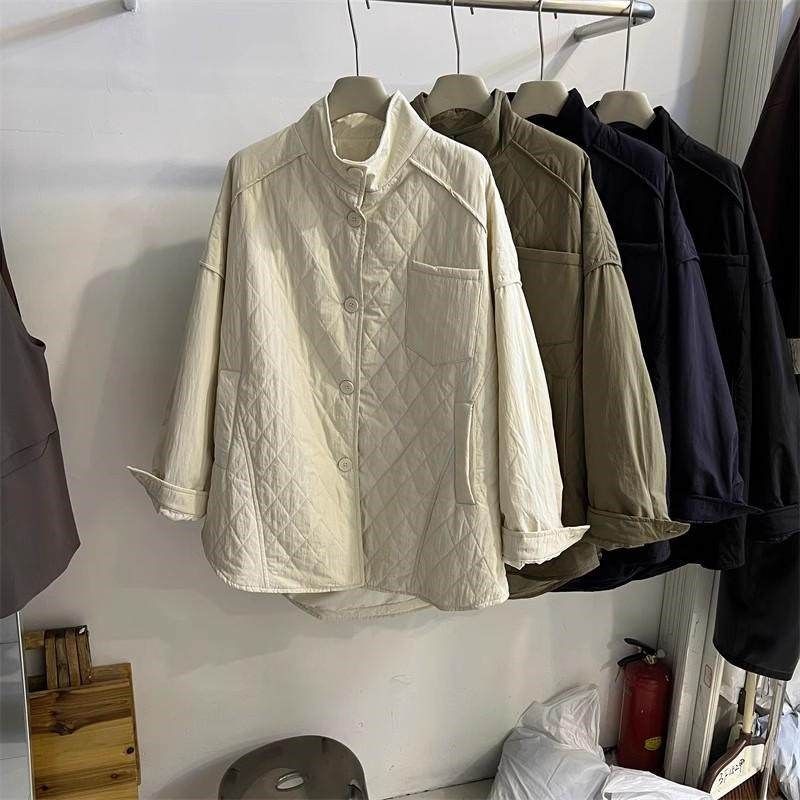 A903欧货秋冬新款菱q形格夹棉轻薄棉服女衬衫宽松显瘦中长款棉袄