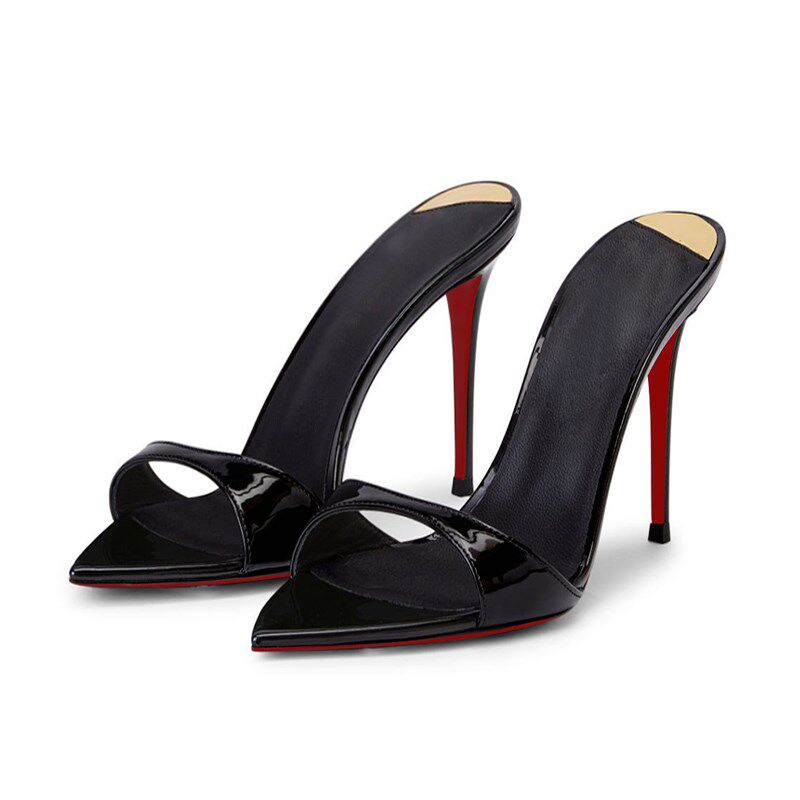 2024新款尖头黑色红底高跟鞋女超高跟凉鞋细跟小众气质外穿半拖鞋