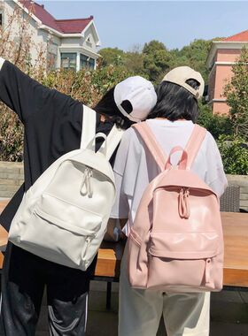 日版古着感少女书包校园韩t版高中学生双肩包森系百搭PU皮纯色背