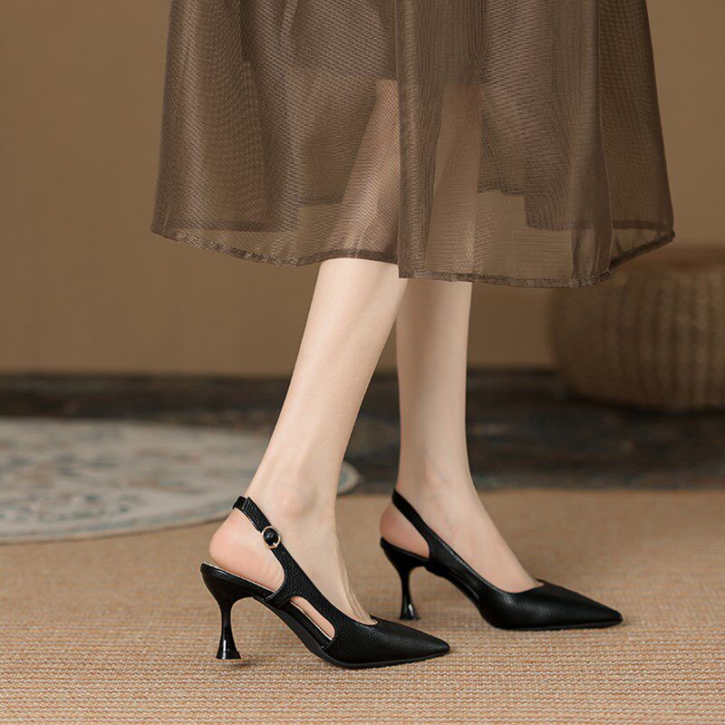 法式尖头后空凉鞋女春2024年z新款一字带包头黑色职业高跟鞋女细