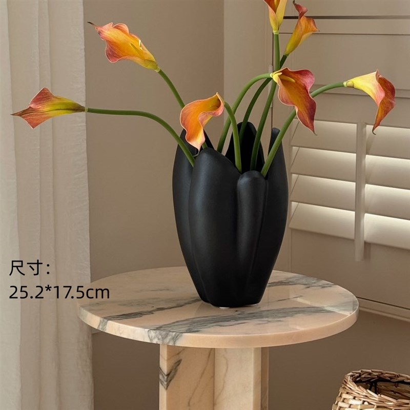林与/花瓶摆件客厅插花轻奢高级创意黑色陶瓷侘寂风W鲜花装饰花器