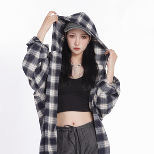 港味格子连帽衬衫男女春秋宽松慵懒风休闲抗皱免烫显瘦加厚外套