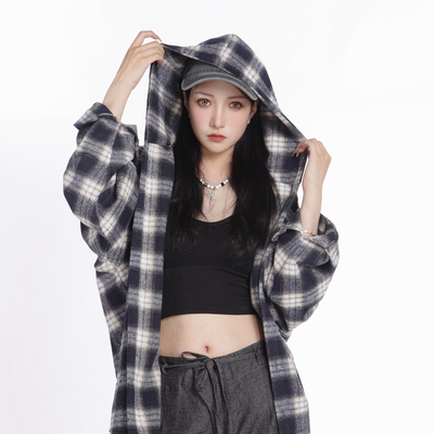 港味格子连帽衬衫男女春秋外套