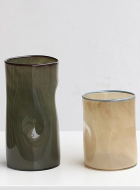 北欧现简约彩f边方坑直筒玻璃花轻奢风级感餐桌台面鲜花灰色花瓶