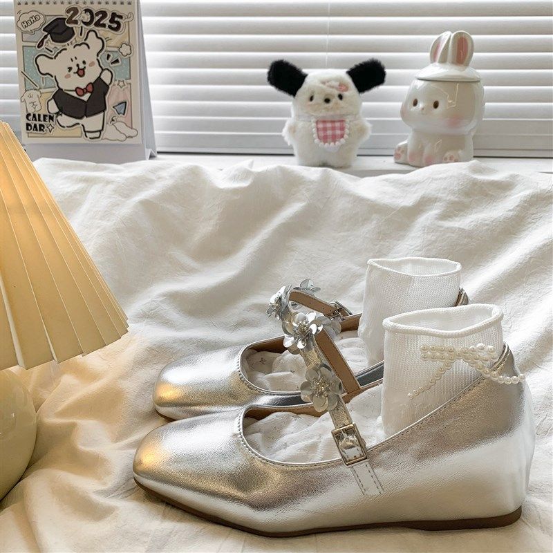 法式方头亮片玛丽珍鞋女2025夏季新款芭蕾风银色平底内增高小皮鞋,女鞋,浅口单鞋,淘宝优惠券,粉丝福利购,淘宝优惠卷