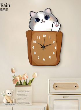 纸袋猫咪挂钟客厅装饰画r电视机矮柜背景墙挂画玄关壁画高级感灯
