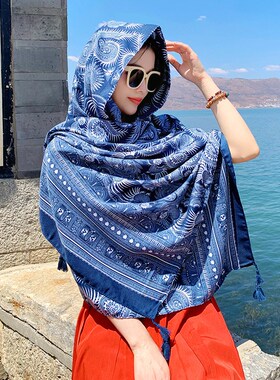 青海云南旅游蓝色围巾女夏天薄y款民族风护颈披肩丝巾海边沙滩纱