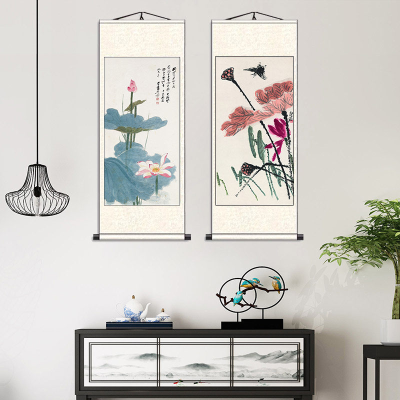 水墨荷丝绸画国画卷轴花鸟挂画家居装饰古色古香送礼张大千礼品画