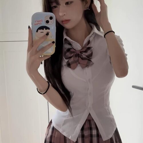 纯欲收腰衬衫jk制服裙粉格套装学生学院校供感Q衬衣百褶裙两件套