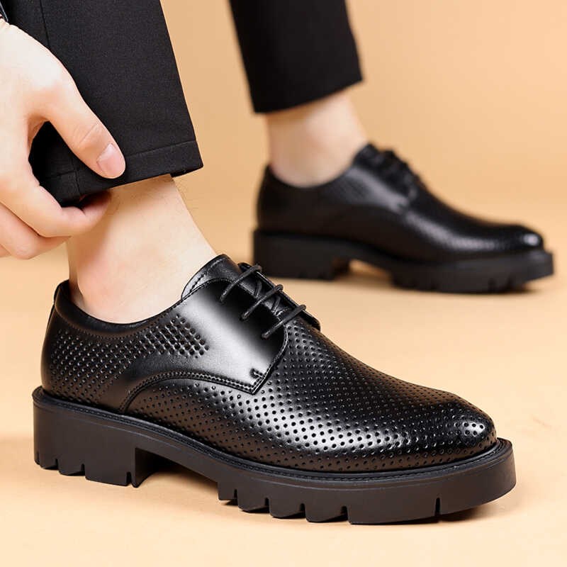 增高鞋男镂空透气男士内增高皮鞋商务厚底英伦风休闲鞋新郎鞋
