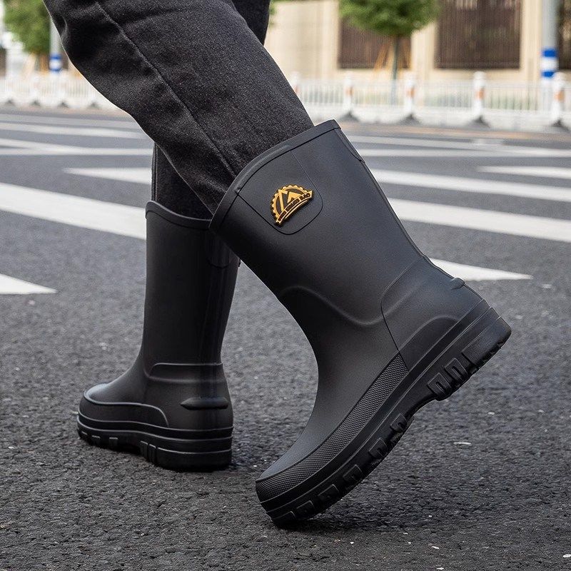 德系中筒雨鞋男款防滑防水中筒雨靴秋冬加棉洗车工作胶.鞋钓鱼水