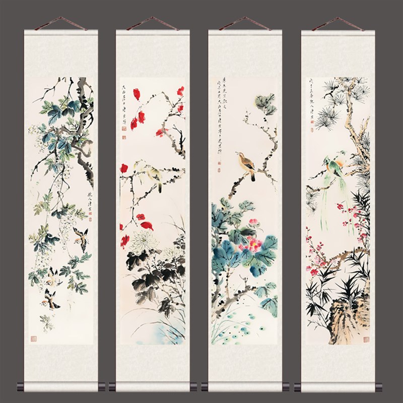 唐云花鸟画茶楼挂画定制酒店壁画丝绸画卷轴国画四条屏松雀图好运