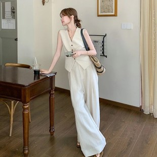 高级感老钱风亚麻套装女夏季2025新款薄款气质马甲阔腿裤两件套