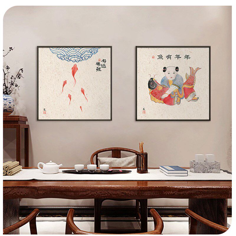 新中式餐厅挂画中国风好运锦鲤装饰画年年有余原木风客厅墙面壁画