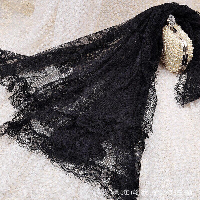 柔软淡雅百搭长条黑色女纱巾薄丝巾 镂空蕾丝围巾披肩