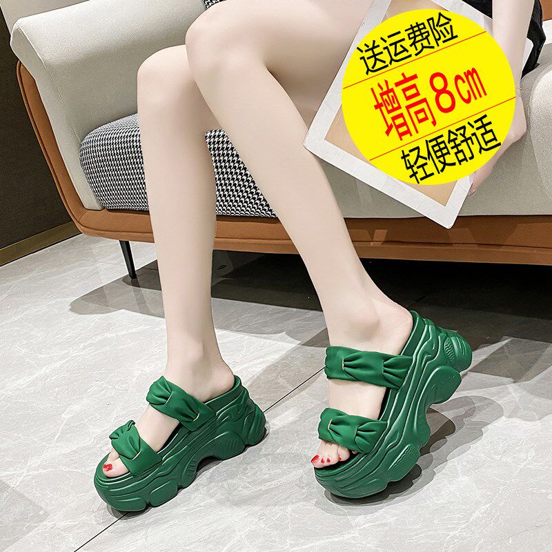 网红露趾拖鞋女2024夏季新款8cm增高J厚底松糕坡跟百搭一字凉拖鞋