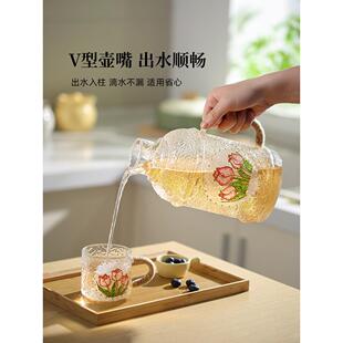 复古彩绘锤纹麻绳玻璃冷水壶耐高温家用凉水壶杯子套装高颜值茶壶