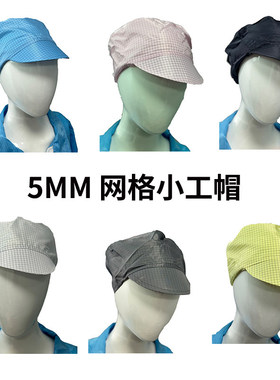 网格小工帽防静电服饰配件工厂无尘车间电子厂蓝色防静电格子帽子