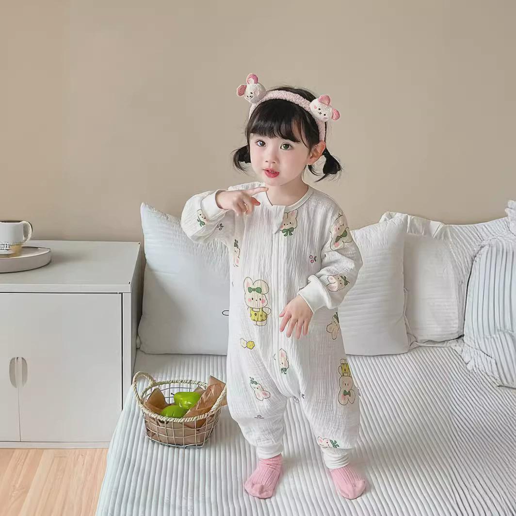 024春款儿童连体衣薄款长袖纱布睡袋男女棉宝宝透气爬服新款