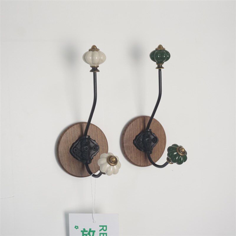 中古法式挂钩陶瓷装饰衣帽钩免打孔实木收纳单钩V玄关墙上挂衣钩