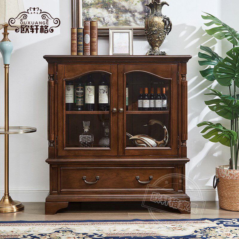 美式全实a木酒柜双门带玻璃高矮酒柜家用两门展示柜客厅家具储物