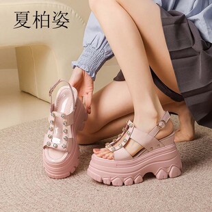 夏季新款12cm内增高女鞋镂空透气水钻J时尚坡跟凉鞋漆皮百搭松糕