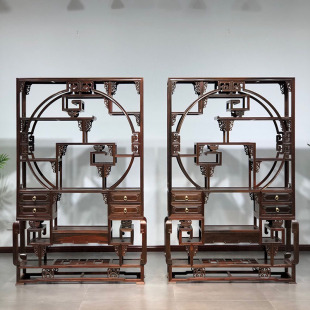 红木家具无补f博古架大红酸枝弯脚外方内圆博古架家居客厅摆设明