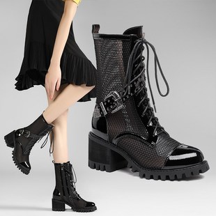 女透气马丁靴女薄款 凉鞋 高跟网靴 网纱包头凉靴女粗跟2025新款 夏季