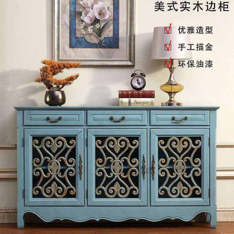 美式乡村家具 整装玄关柜隔断镂空碗柜厨房储物柜 做旧实木餐边柜