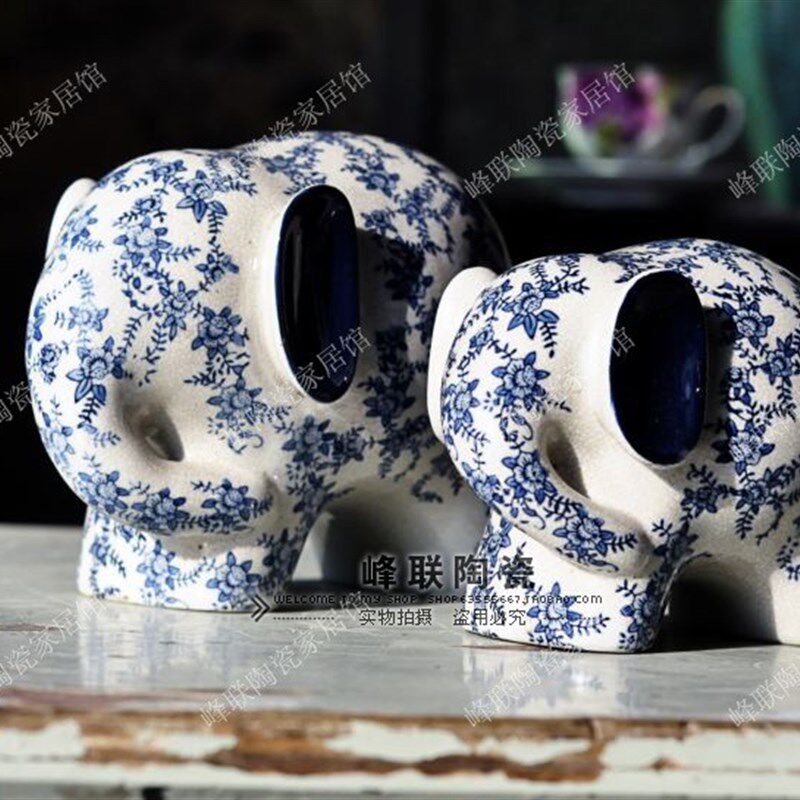 乔迁婚庆礼品仿古青花p陶瓷大象吉祥工艺品客厅书房博古架装饰摆