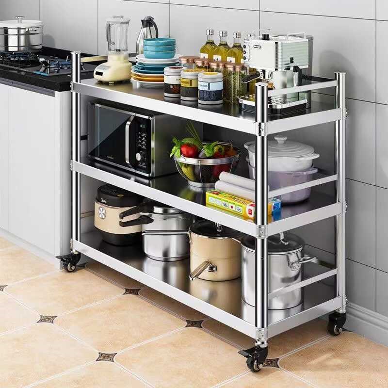 可移动置物架厨房不锈钢带围栏微波炉烤箱架子三层落地锅架带轮子