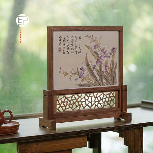 桌面屏风挡板实木茶p台装饰插屏摆件装饰画筐中式氛围感隔断屏风