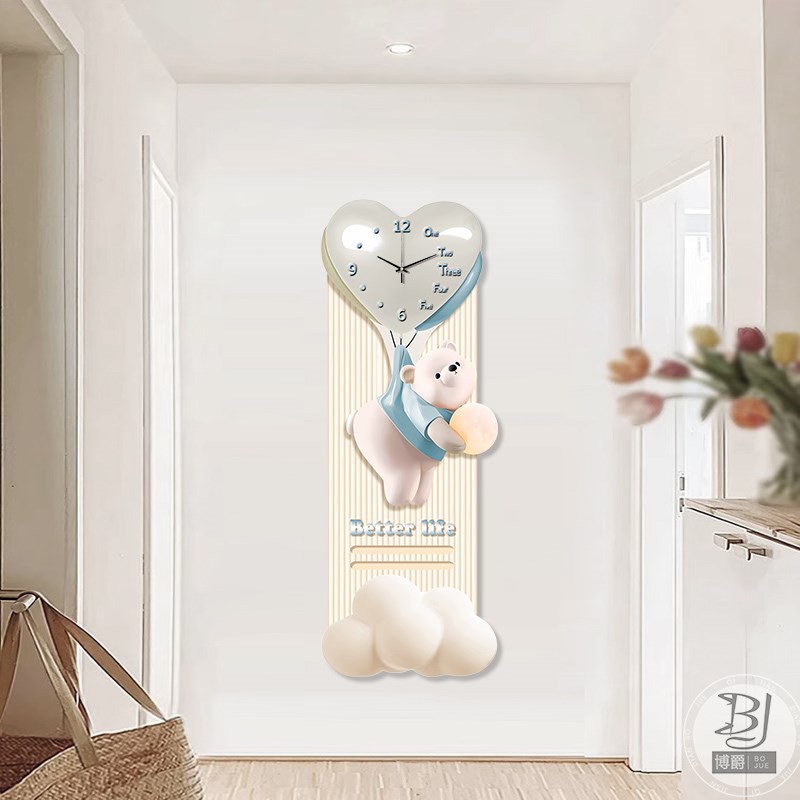 奶油风入户玄关镜子画隐藏式推拉全身镜装饰画卧室穿衣镜带钟表