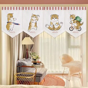 卡通猫咪插画三j角旗帘定制隔断帘厨房餐馆门头遮挡帘免打孔挂布