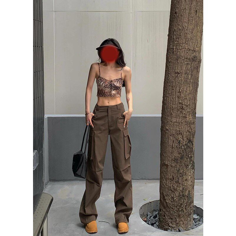 175高个子加长j美式酷飒辣妹咖啡色工装裤女褶皱多口袋直筒阔腿裤