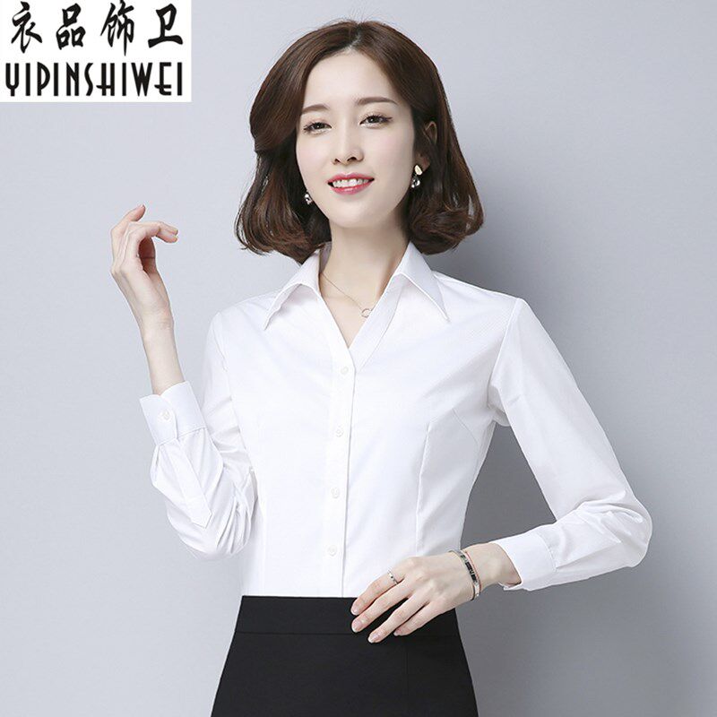 夏季新款V领白色长袖衬衫女职业女士工装衬衫工作长袖衬衣女春夏
