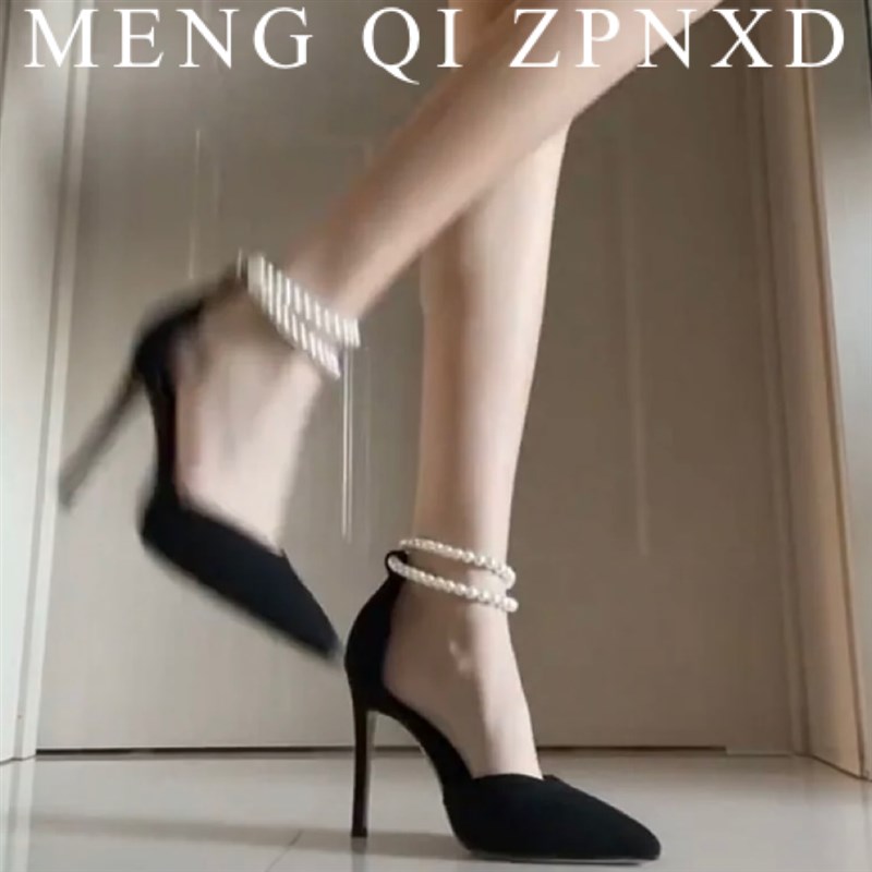 黑色高跟鞋女2024新r款尖头细跟珍珠脚环高级感一字扣带凉鞋单鞋