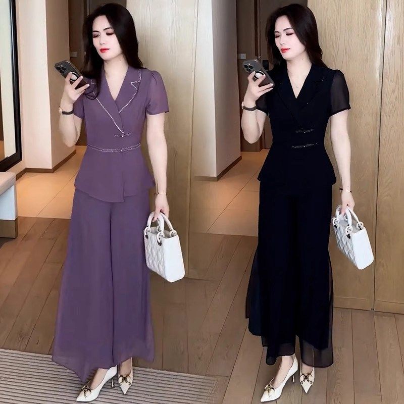 夏季雪纺套装女2025今年流行新款时尚气质高级感显瘦阔腿裤两件套