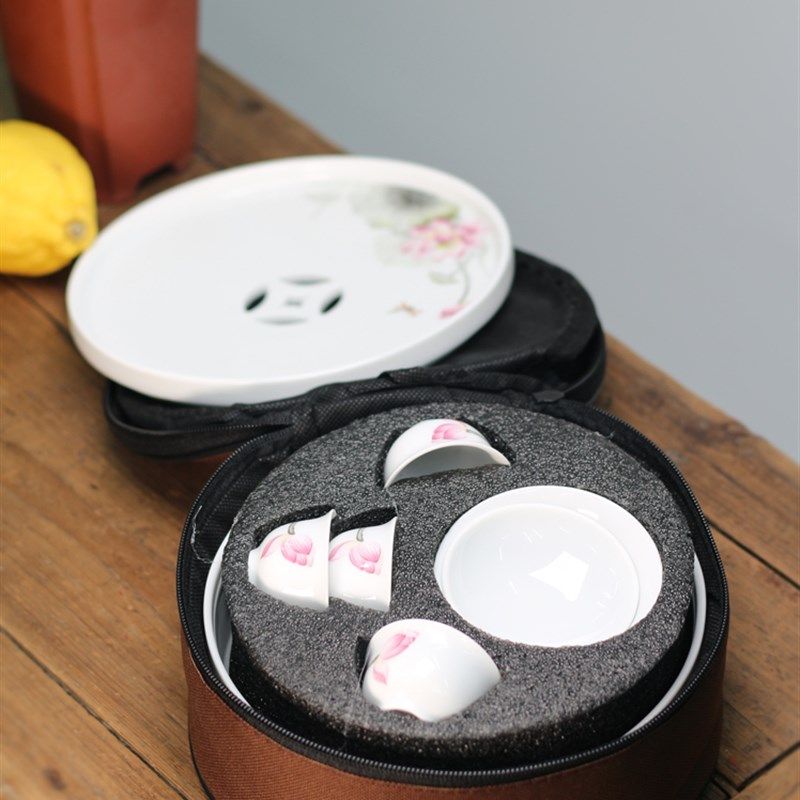 潮州陶瓷功夫茶盘 旅行茶具便携套装 车载旅游布袋包装 一碗4杯