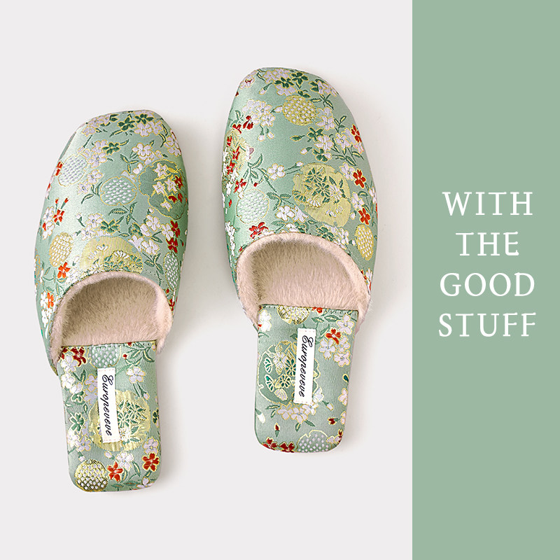 国风刺绣冬季女士居家用情侣保暖高级感地板静音防U水耐脏棉拖鞋