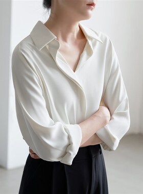 LIMONN 2024秋冬叠穿气质通勤V领面试白色衬衫女垂感Y长袖职业衬
