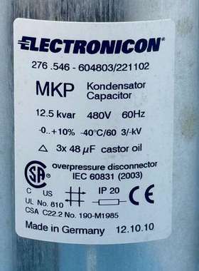 德国 ELECTRONICON 276.546-604803/221102 12.5KVAR 480V 3*48UF