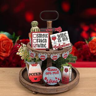 情人节 玫瑰酒杯图案 分层托盘装饰品 浪漫至死不渝创意木质摆件
