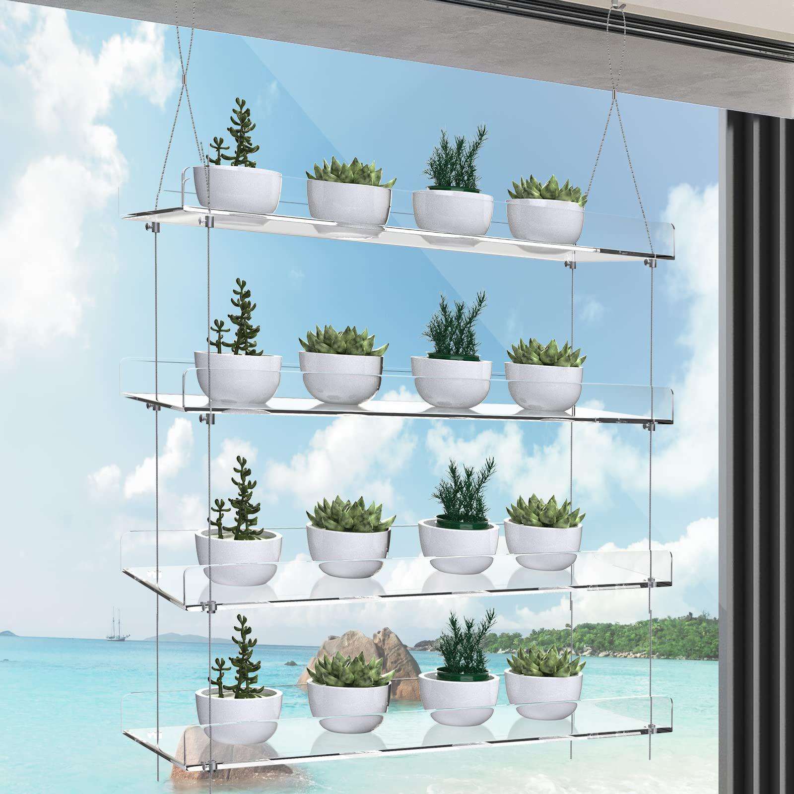 2/3/4层悬挂式亚克力窗用植物架花盆挂架高度可调节壁挂架高透明