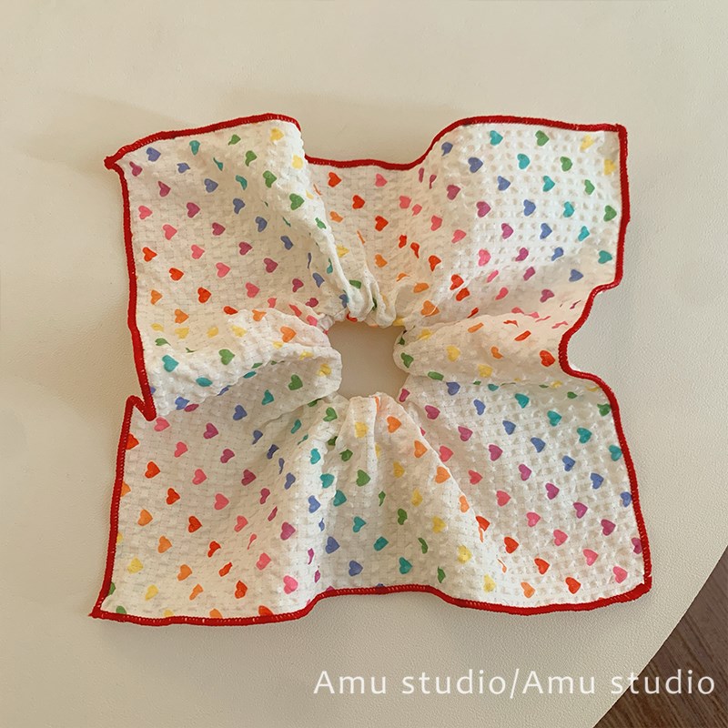 彩色爱心方巾大肠发o圈女韩系甜美方形扎头发侧低马尾发绳头绳皮