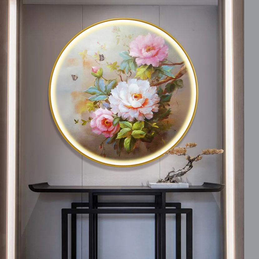 手绘油画花卉牡丹花开富贵圆形餐厅装饰画玄关挂画卧室床头壁画灯