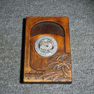 仿古做旧中式花梨木镶嵌龙币砚台摆件仿古做旧实木托盘摆件收藏