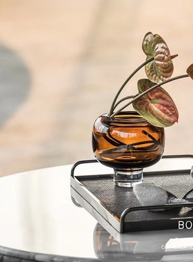Boone软装 家居轻奢琥珀色玻璃花器样板房间客厅插X花瓶托盘摆件