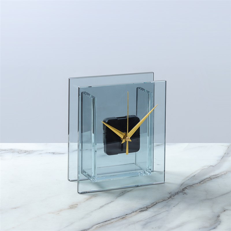 现代简约玻璃茶色k蓝色透明方形时钟座钟桌面摆件样板间软装饰品